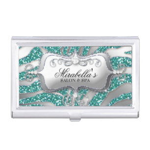 Nail Salon Zebra Glitter Monogram Modern Frame Business Card Holder