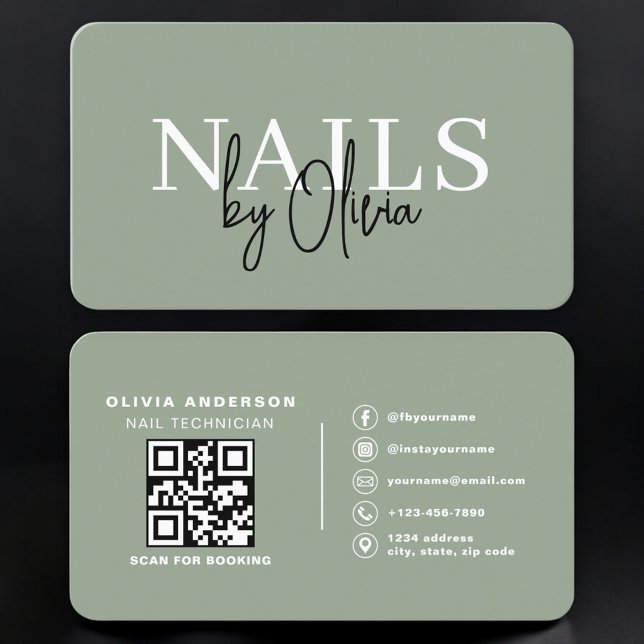  Nail Specialist Artist Sage Green QR Code Business Card (Creator Uploaded)