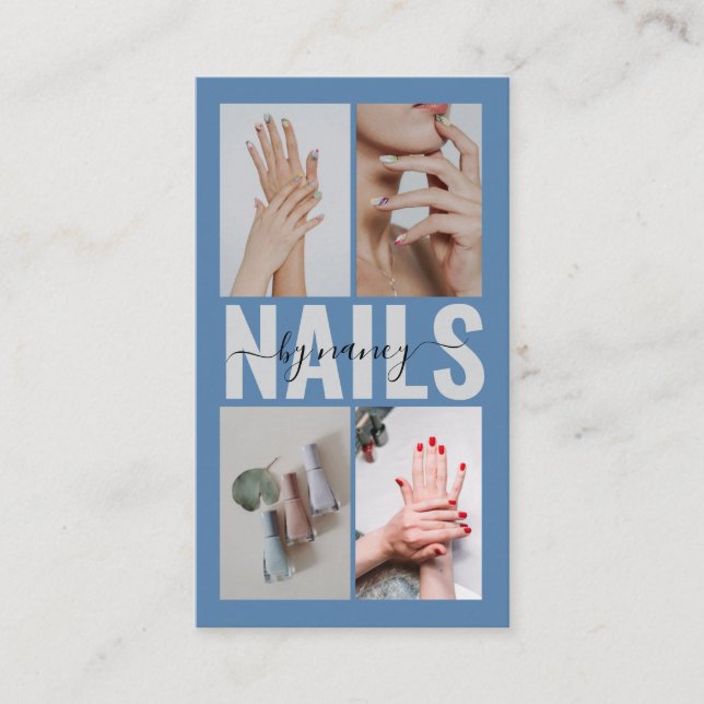 Nail Specialist Dusty Blue Photo Collage QR Code Business Card (Front)