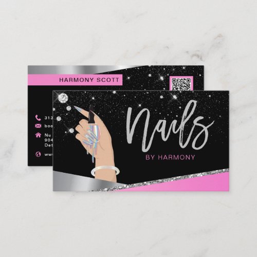 Nail Tech Artist Glam Pink Silver Diamond Salon Bu Business Card