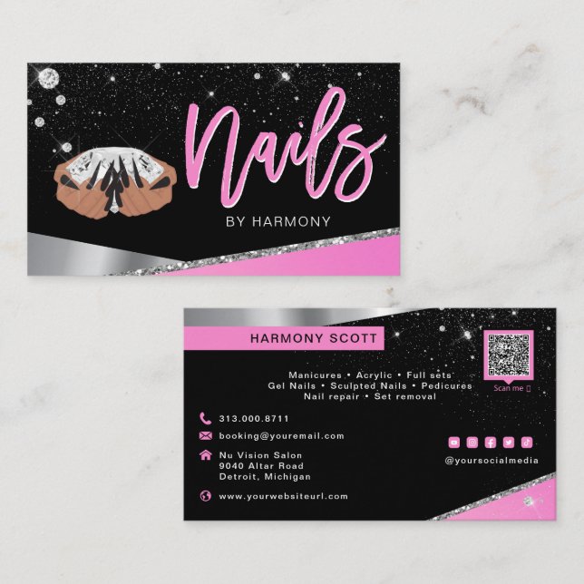 Nail Tech Artist Glam Pink Silver Diamond Salon Bu Business Card (Front/Back)