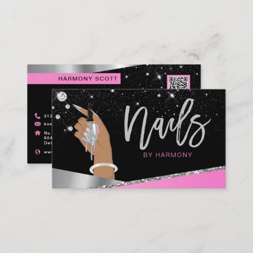 Nail Tech Artist Glam Pink Silver Diamond Salon Business Card