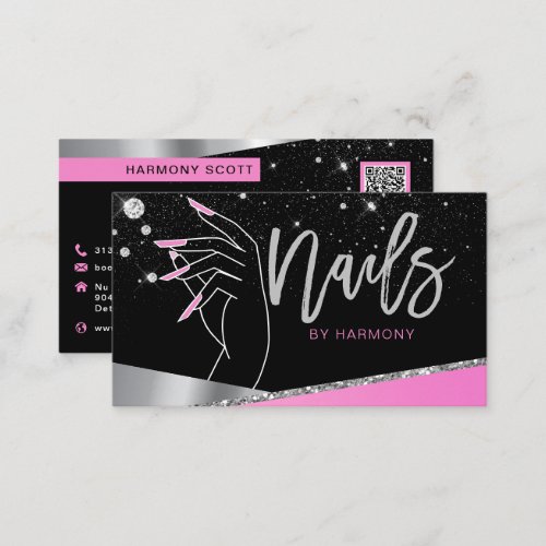 Nail Tech Artist Glam Pink Silver Diamond Salon Business Card