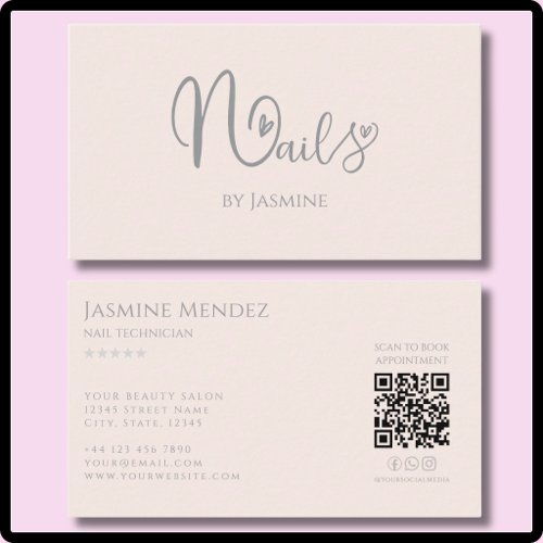 Nail Tech Earthy Champagne Pink QR Social Icons Business Card