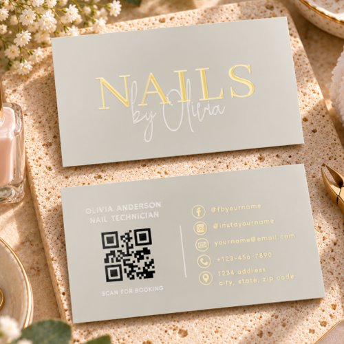 Nail Tech Earthy Neutral QR Code Foil Spot Gloss Business Cards