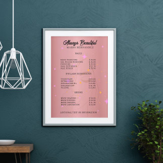 Nail Tech Esthetician Price List Rose Gold Poster