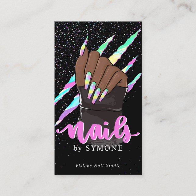 Nail Tech Holographic Claw Slash Nail Shop Logo Business Card (Front)