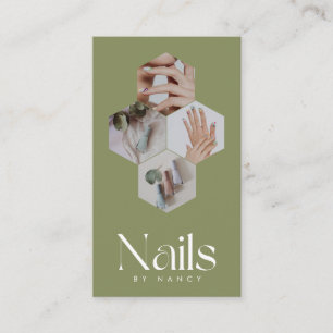 Nail Tech Honeycomb Photo Qr Code Olive Green Business Card