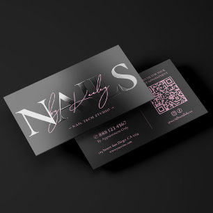 Nail Tech Minimal Manicurist Pink Black Raised Spot UV Business Card