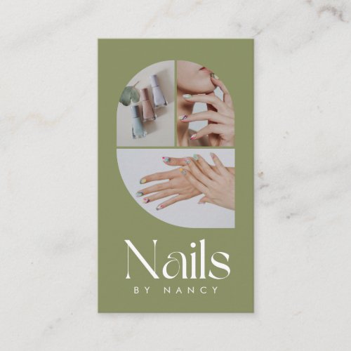 Nail Tech Modern Arch 3 Photo Collage Olive Green Business Card