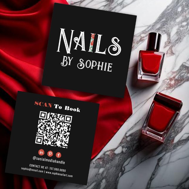 Nail Tech Nail Art Black Square Business Card (Creator Uploaded)