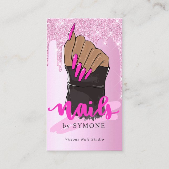 Nail Tech Nail Artist Salon Pink Glitter Dripping  Business Card (Front)