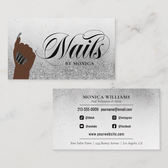 Nail Tech Nail Artist Silver Glam Glitter Salon Business Card (Front/Back)