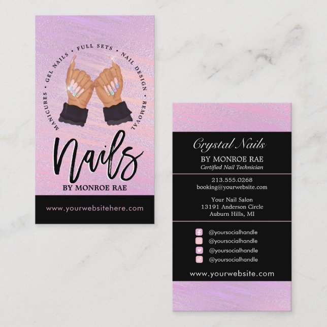 Nail Tech / Nails Salon Peach Pink Black Glam Business Card (Front/Back)