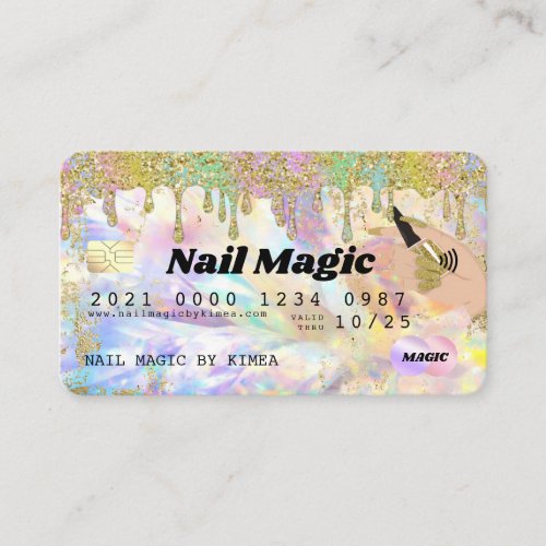 Nail Tech Rainbow Holographic Glitter Drip Credit Business Card
