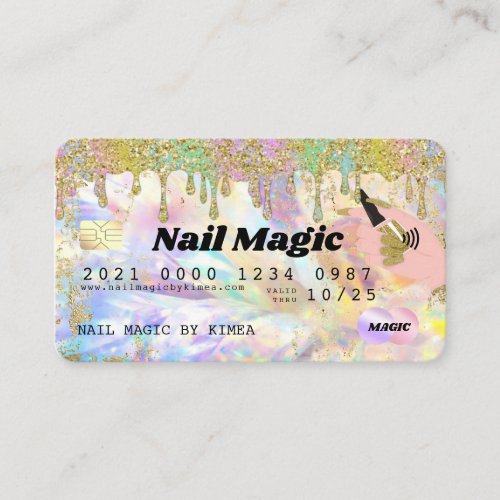 Nail Tech Rainbow Holographic Glitter Drip Credit  Business Card