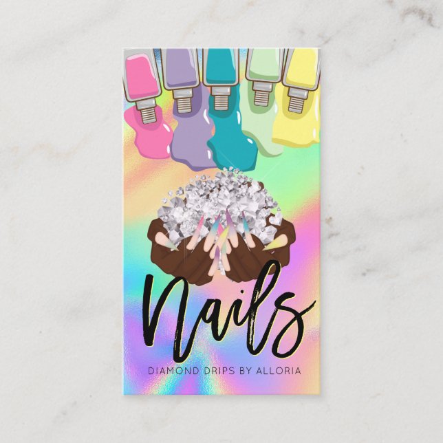 Nail Tech Salon Hands & Diamonds Logo Holographic  Business Card (Front)