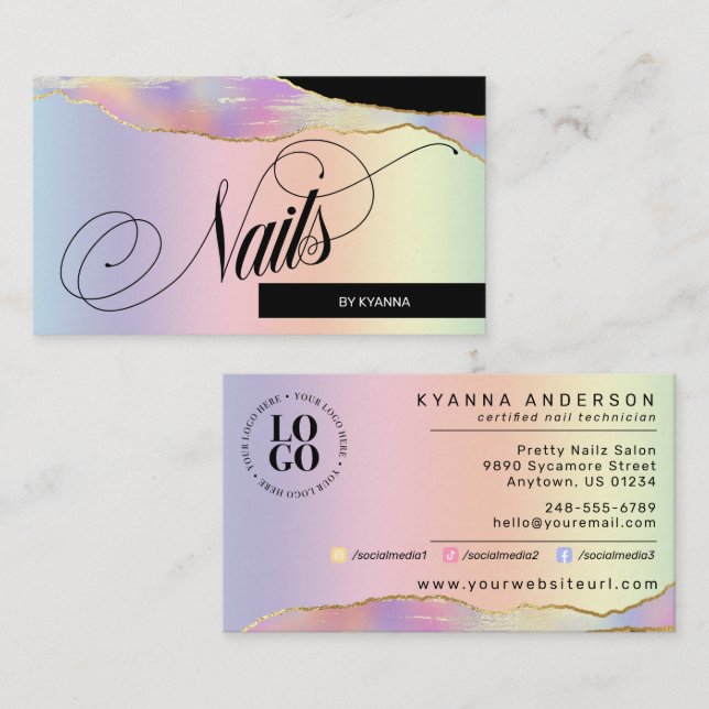 Nail Tech/Salon - Holographic Pastel Rainbow, Logo Business Card (Front/Back)