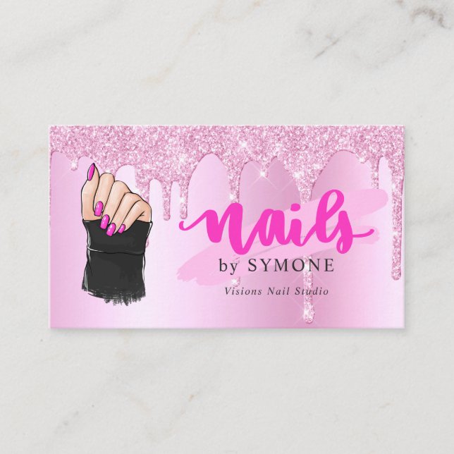 Nail Tech Salon Pink Diamond Dripping Glitter Busi Business Card (Front)