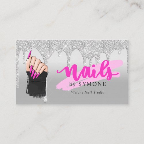 Nail Tech Salon Pink  Silver Dripping Glitter Bus Business Card