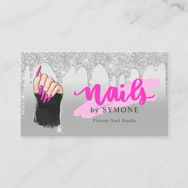 Nail Tech Salon Pink & Silver Dripping Glitter Bus Business Card (Front)