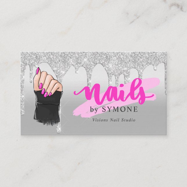 Nail Tech Salon Pink & Silver Dripping Glitter Business Card (Front)