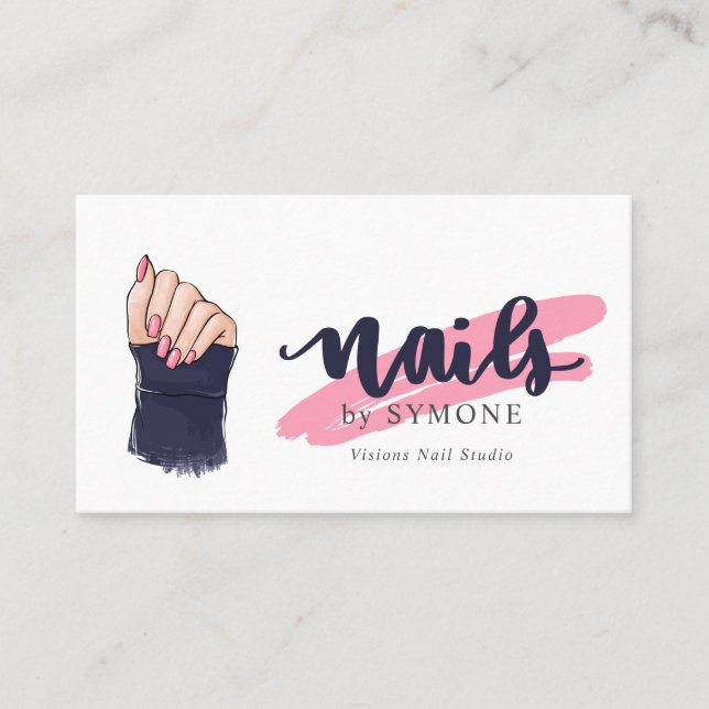 Nail Technician Beauty Salon Pink and Navy Blue Bu Business Card (Front)
