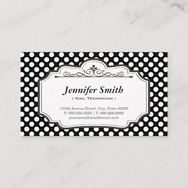 Nail Technician - Black Polka Dots Business Card (Front)