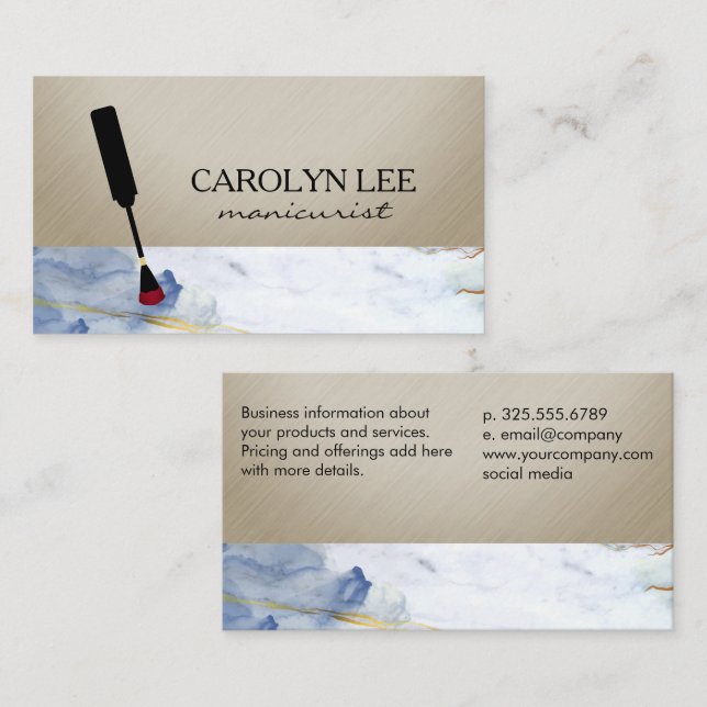 Nail Technician Blue Gold Marble Business Card (Front/Back)