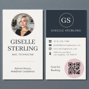 Nail Technician Blush & Navy Photo QR Code Business Card