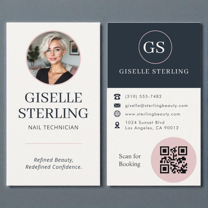 Nail Technician Blush Navy Photo QR Code Business Card
