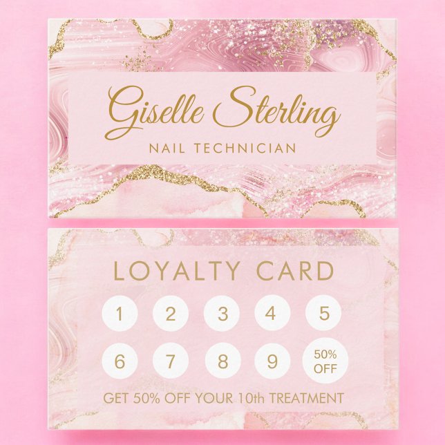 Nail Technician Blush Pink Gold Agate Marble Loyalty Card (Creator Uploaded)