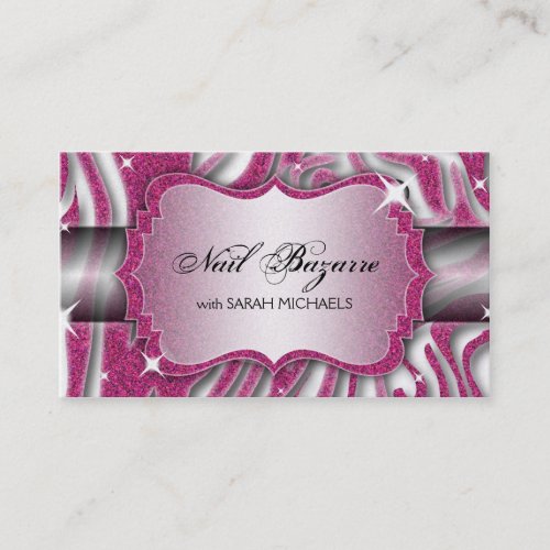 Nail Technician Business Card Zebra Print Glitter