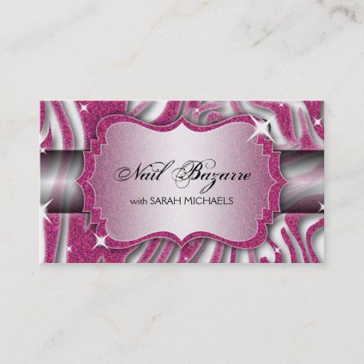 Customizable Nail Technician Business Card Zebra Print Glitter