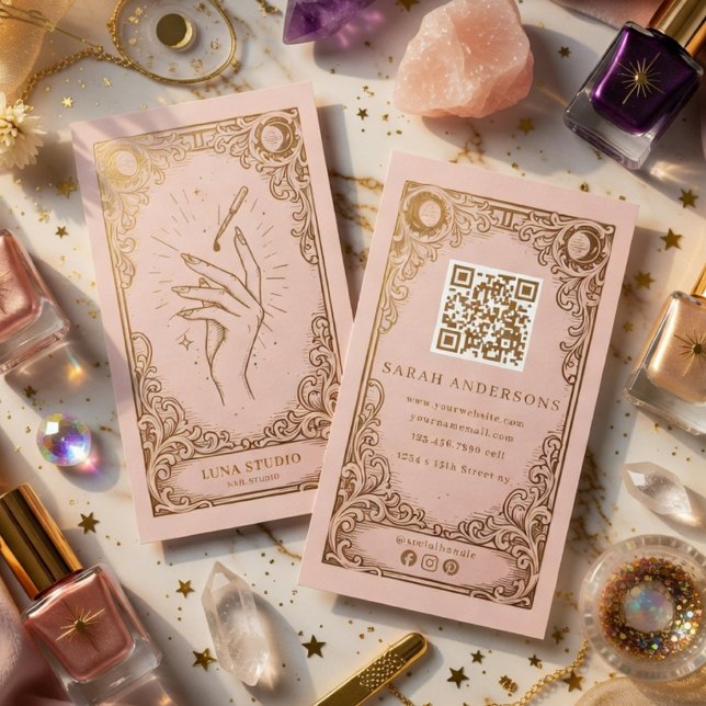 Nail Technician Celestial Nail Studio Pink & Gold Business Card (Creator Uploaded)