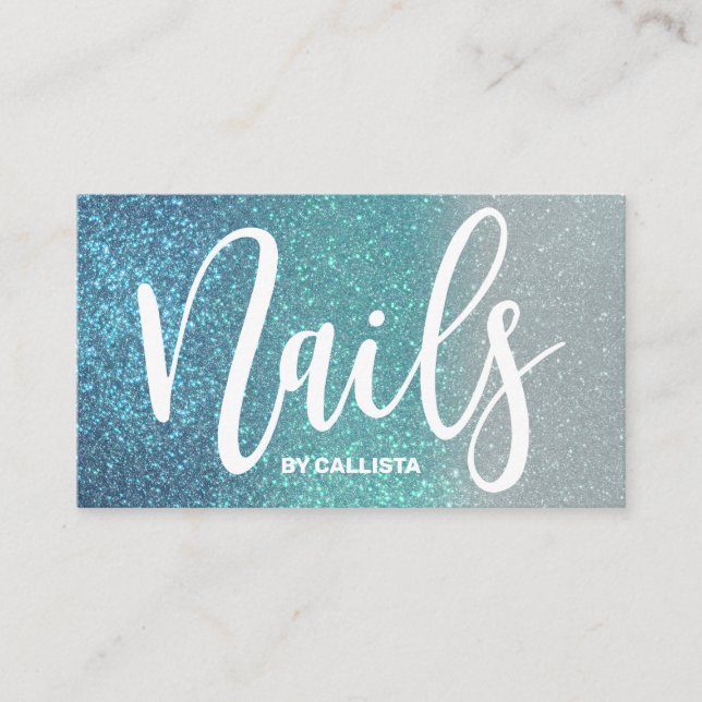 Nail Technician Cerulean Blue Teal Triple Glitter Business Card (Front)