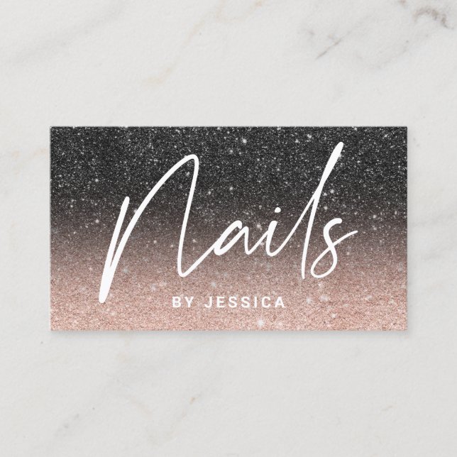 Nail technician chic rose gold black glitter ombre business card (Front)