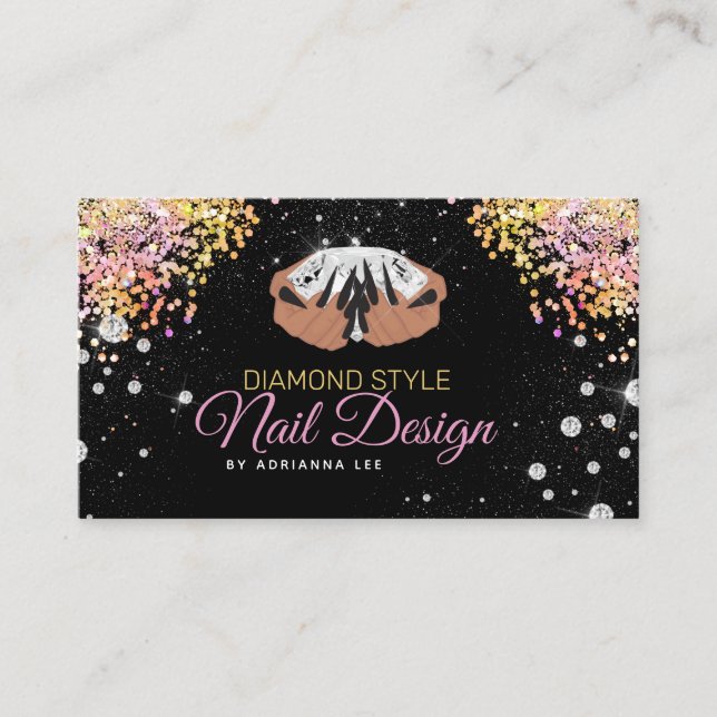 Nail Technician Diamond Glitter Logo Nail Shop Business Card (Front)