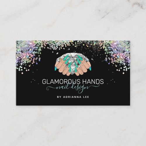 Nail Technician Diamond Hands Turquoise Glitter  B Business Card