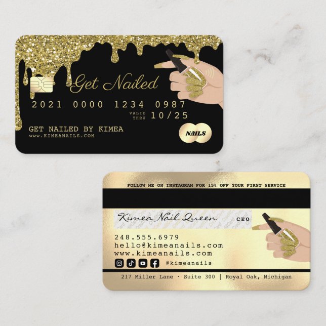 Nail Technician Dripping Gold Glitter Credit Style Business Card (Front/Back)