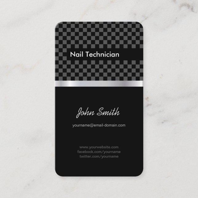 Nail Technician - Elegant Black Checkered Business Card (Front)