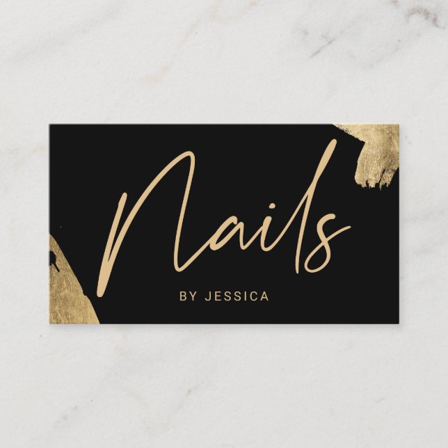 Nail technician elegant gold brushstroke black business card (Front)
