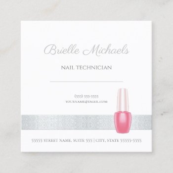 Nail Technician Elegant Silver With Pink Polish Square Business Card by GirlyBusinessCards at Zazzle