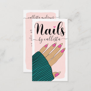 Nail Technician Girly Pink Gold Hand Illustration Business Card