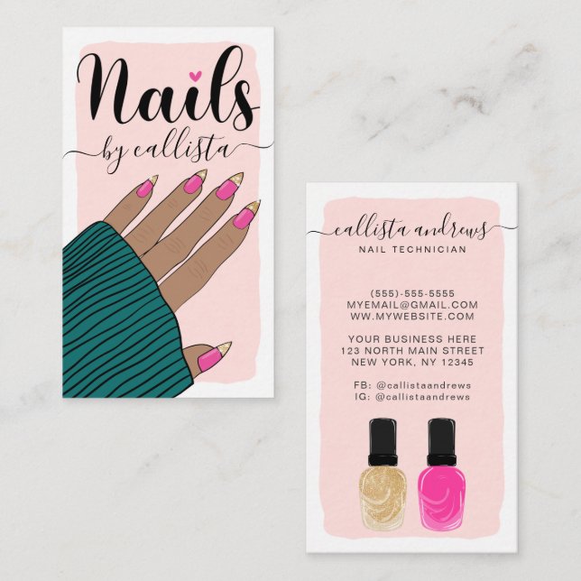 Nail Technician Girly Pink Gold Hand Illustration  Business Card (Front/Back)