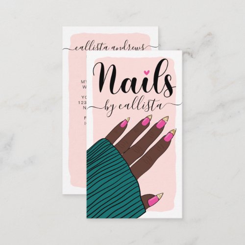 Nail Technician Girly Pink Gold Hand Illustration  Business Card