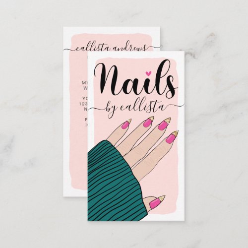 Nail Technician Girly Pink Gold Hand Illustration  Business Card