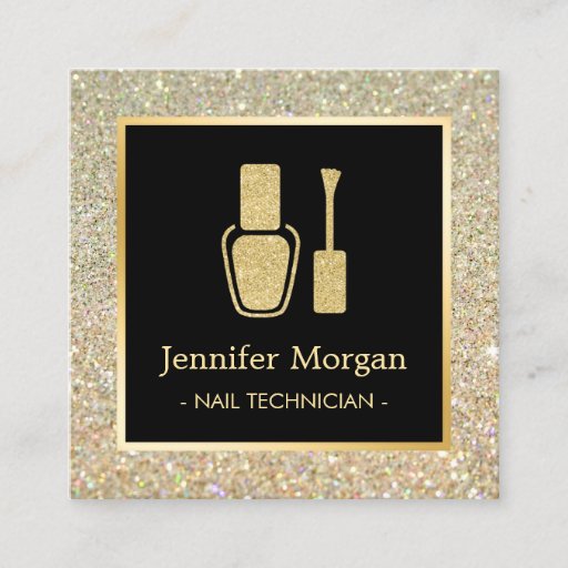 Customizable Nail Technician Gold Glitter Polish Bottle Square Business Card