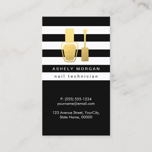 Customizable Nail Technician Gold Polish Bottle B&amp;W Stripes Business Card