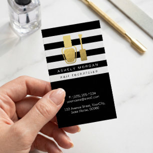 Nail Technician Gold Polish Bottle B&W Stripes Business Card
